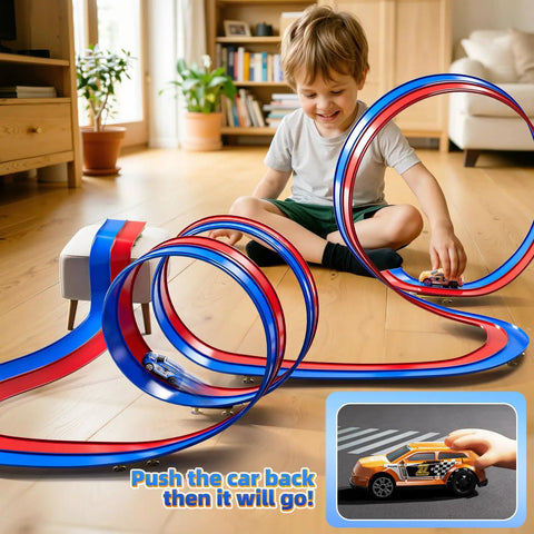 Child playing with 15 Ft Flexible Race Track Set For Kids Ages 3 8 With 2 Small Cars in living room
