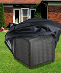 Built To Last 28 Inch Square Fire Pit Cover For Propane Gas Fire Pit Table Waterproof And UV Resistant All Weather Oxford Fabric Shield Fits 28 By 28 Inch Fire Pit Table shown partially covering fire pit table on lawn