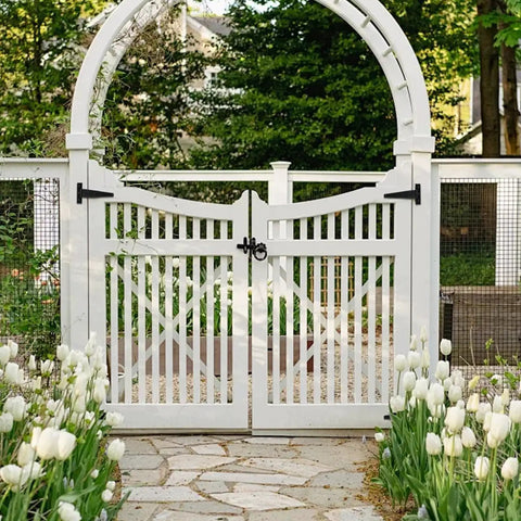 16 Pack 4 Inch T Strap Hinges Heavy Duty Matte Black Outdoor Gate Hardware No Frills Installation Rock Solid Frame installed on a white garden gate.