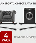 4-pack XL appliance dolly set with black steel rails and wheels for moving washers and heavy furniture