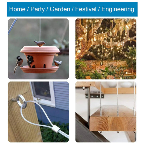 304 Stainless Steel Wire Rope 1/16 Inch X 328 Foot Spool With 7X7 Flexible Design used in garden hanging projects with pots and lights.