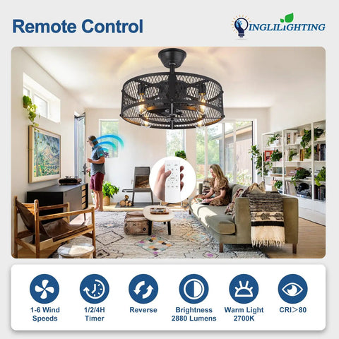 Retractable Blades Ceiling Fan With Lights In Vintage Cage Remote Control Six Speeds And Timers Black Finish in Living Room