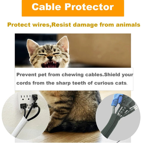12ft Self Wrapping Cable Management Sleeve For Desk Wall And Floor Braided Mesh Split Loom Tubing Hider Pet Proof Wire Protector Kit White Tidy Messy Cables Ideal For Home Theater Gaming Setup And Office with cat and protected cables shown.