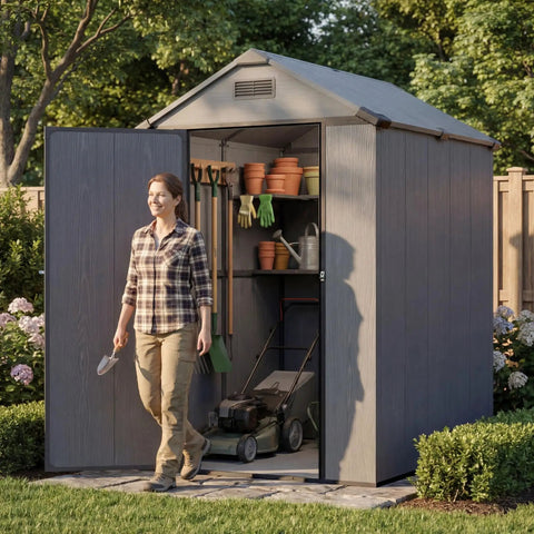 4x6 Foot Plastic Outdoor Storage Shed With Floor Lockable Door Vents UV Resistant Resin Durable Backyard Garden Shed for Lawn Mower and Gear Dark Grey with woman exiting and tools inside