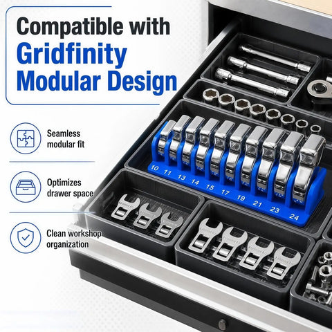 Modular Crowfoot Wrench Organizer Tray For 10mm To 22mm Wrenches in drawer, compatible with Gridfinity Modular Design