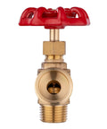 Front view of a brass boiler drain valve with red multi-turn handle, part of a 5 Pack Boiler Drain Valves One Half Inch MIP By Three Quarter Inch MHT.