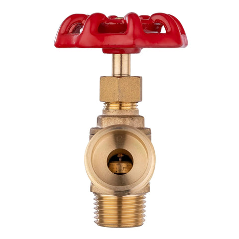Front view of a brass boiler drain valve with red multi-turn handle, part of a 5 Pack Boiler Drain Valves One Half Inch MIP By Three Quarter Inch MHT.