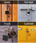 Fingerprint Padlock With Bluetooth Lock App on gate, garage, truck, cabinet showcasing outdoor use, long shackle, waterproof.