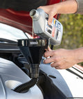 Black funnel from Color Coded Automotive Flex Funnel Kit With Hose And Mesh Filter 2 Pack Wide Mouth Oil Funnel in use