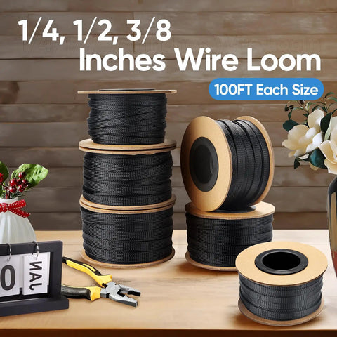 Spools of Super Durable PET Braided Wire Loom Expandable Cable Sleeve 300 Feet In One Quarter One Half And Three Eighths Inch