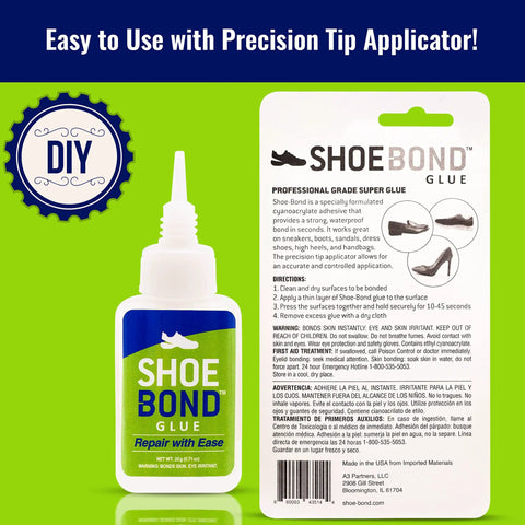 Bottle of Shoe Bond Glue with precision tip, labeled for professional-grade shoe repairs. Instructions visible on packaging.