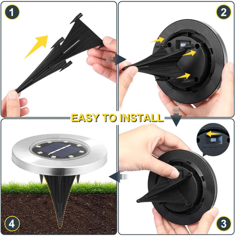Installation steps for Solar Ground Yard Lights 16 Pack Easy Install Waterproof Disk LED In Ground Lights for pathways.