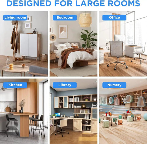Collage of various large room setups perfect for using the H13 True HEPA Air Purifier Replacement Filter With Activated Carbon Four In One Filtration.