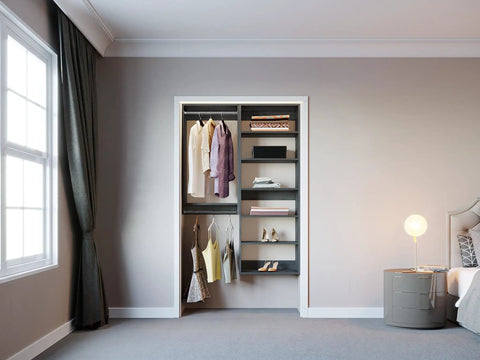 Smooth Operator Modular Closet Organization System Featuring Heavy Duty Metal Poles And Expandable Wire Shelves Total Game Changer For Dorm Rooms Apartments And Hallway Storage In Matte Gray Fifty Seven Inches Wide