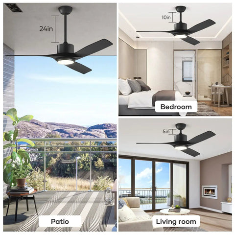 52 Inch Black Outdoor Ceiling Fan With Light And Remote For Patio, Modern Three Blade Design in various room settings