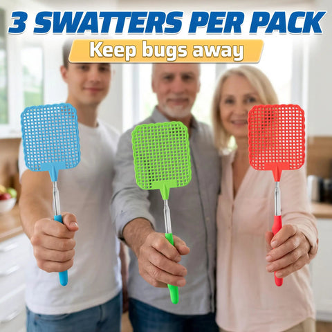 Three Pack Telescoping Fly Swatters With 28.6 Inch Stainless Steel Handles held by people indoors