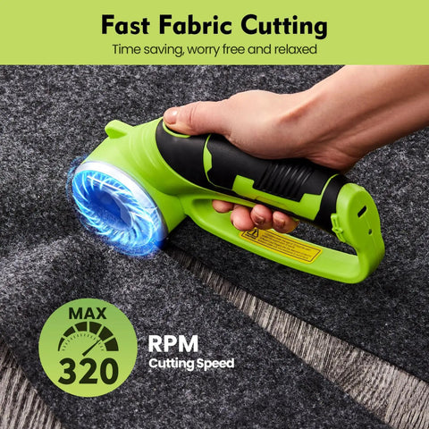 Heavy Duty Cordless Electric Scissors With 4V Rechargeable Battery cutting through thick fabric with a powerful blade.