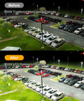 Comparison of parking lot lighting before and after using Ridiculously Bright 200W LED Parking Lot Light 28000 Lumens 5000K.