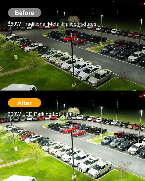 Comparison of parking lot lighting before and after using Ridiculously Bright 200W LED Parking Lot Light 28000 Lumens 5000K.