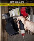 Person using Coil Siding Nailer CN55 from One Inch to Two and One Quarter Inches 15 Degree Pneumatic Siding Nail Gun on wood