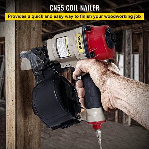 Person using Coil Siding Nailer CN55 from One Inch to Two and One Quarter Inches 15 Degree Pneumatic Siding Nail Gun on wood