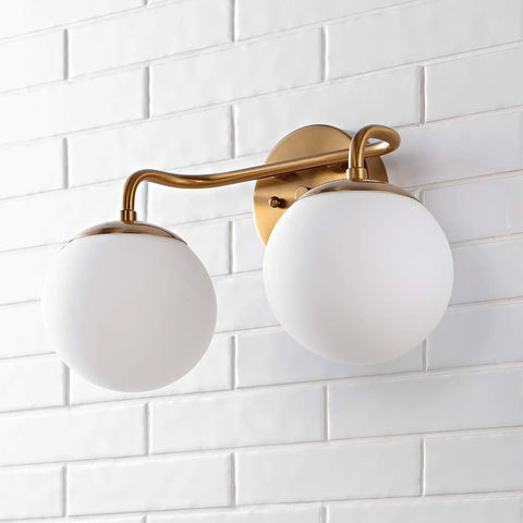 Gold Finish 15 Inch Globe Wall Sconce Vanity Light With White Frosted Glass Shade For Bathroom, Modern Midcentury Parisian Bistro Vibe, LED Bulb Included