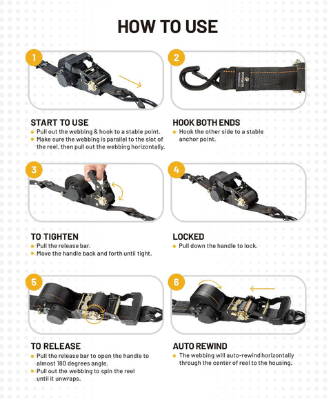 How to use Heavy Duty Retractable Ratchet Straps 5000 Lbs Breaking Strength 2 Inch By 12 Foot Grip And Go Tie Downs.