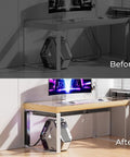 Before and after photo of a desk with the 62.8 Inch Cable Raceway Kit For Under Desk Cable Management Big Wire Channel For Gaming Desks And Server Racks Cord Organizer Tray Durable PVC Crush Resistant No Fuss Black installed, showing tidy under-desk cable organization.