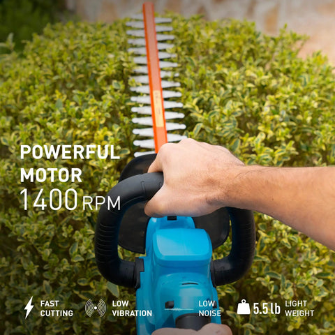 Man using Cordless Hedge Trimmer With 22 Inch Dual Action Blades 20V 4Ah Battery Included Fast Charger And Safety Goggles on bush
