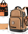 Heavy Duty Tool Backpack With Combo Lock And Dual Canvas Pouches Built Like A Tank For Electricians And Contractors Kicking It High On The Daily Grind In Brown, measuring 14.6L x 7W x 18.1H inches.