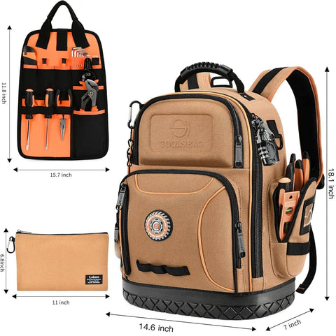 Heavy Duty Tool Backpack With Combo Lock And Dual Canvas Pouches Built Like A Tank For Electricians And Contractors Kicking It High On The Daily Grind In Brown, measuring 14.6L x 7W x 18.1H inches.