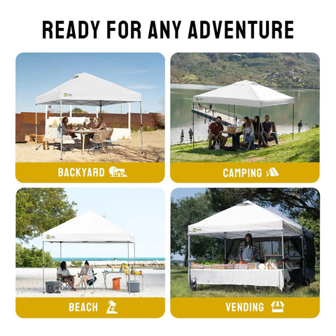 10x10 Pop Up Canopy Tent With Patented CenterLok One Push Setup shown in backyard, camping, beach, and vending settings.