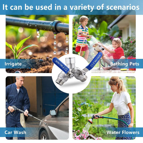 Heavy Duty 2 Way Garden Hose Splitter With Full Flow Y Valve And Long Handle, 304 Stainless Steel Lead Free 3/4 GHT Thread Water Splitter For Outdoor Hoses, Maximum Flow And Durable Build used for irrigation, pet bathing, car wash, and watering flowers