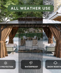 12x10 Foot Hardtop Gazebo With Aluminum Frame Go To Outdoor Pavilion Curtains And Netting Double Polycarbonate Roof For UV Protection Air Flow Garden Lawn Patio Brown in snowy weather with brown curtains