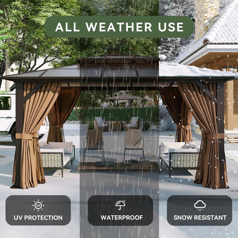 12x10 Foot Hardtop Gazebo With Aluminum Frame Go To Outdoor Pavilion Curtains And Netting Double Polycarbonate Roof For UV Protection Air Flow Garden Lawn Patio Brown in snowy weather with brown curtains