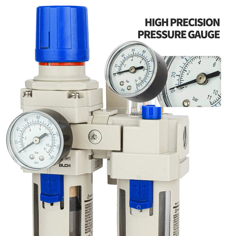 Three Eighths Inch NPT Air Filter Regulator Lubricator Combo With Five Micron Brass Filter Poly Bowl Gauge 0 To 160 PSI