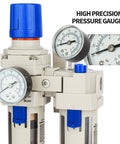 One Half Inch NPT Air Compressor Water Separator With Air Pressure Regulator Filter Lubricator Combo, close-up gauges