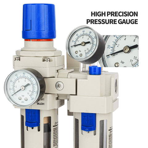 One Half Inch NPT Air Compressor Water Separator With Air Pressure Regulator Filter Lubricator Combo, close-up gauges
