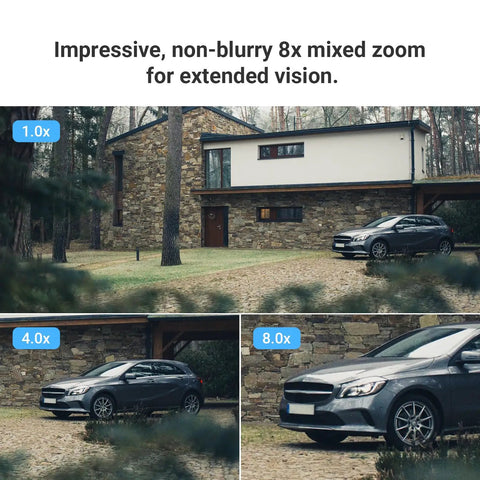 Image showcasing the zoom capability of a dual lens 1080P outdoor security camera with color night vision over a house and car.
