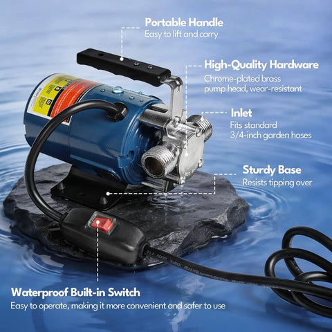 Heavy Duty Portable Electric Water Transfer Pump Moves 330 Gallons Per Hour With Low Suction Tech Featuring Complete Hose Kit on a rock with a waterproof switch.
