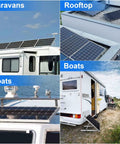 Heavy Duty Solar Panel Mounting Kit With Foldable Tilt Legs for Roof RV Boat and Off Grid Installations, shown on caravans and rooftop