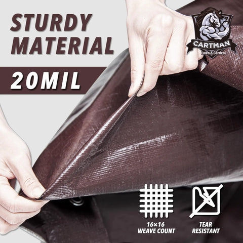 Hand holding Extra Thick 8x10 Feet Brown Beefed Up Heavy Duty Poly Tarpaulin 20 Mil Waterproof UV Resistant With Reinforced Edges