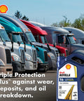 Trucker Grade Full Synthetic Diesel Engine Oil 5W-40 for Heavy Duty Diesel Engines, 1 Gallon Each, Three Pack With Triple Protection Plus Technology That Guards Against Wear, Deposits And Oil Breakdown bottle with trucks.