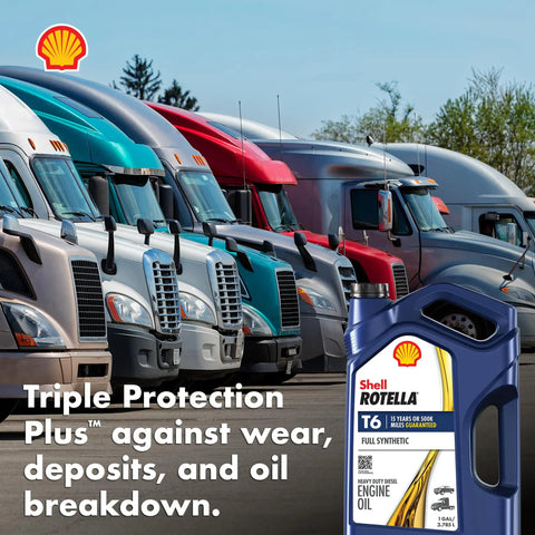 Full Synthetic 15W-40 Diesel Engine Oil 1 Gallon Three Pack With Triple Protection Plus Beats Wear Stops Deposits Fights Oxidation And Prevents Oil Breakdown While Helping Cold Crank Starts in front of semi-trucks