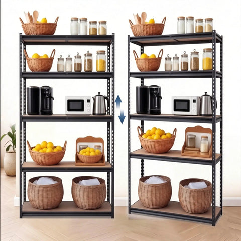 Beefy Five Tier Heavy Duty Garage Storage Shelves With Adjustable Metal Frame And Thick MDF Panels, 36 x 18 x 72 in, pantry loaded