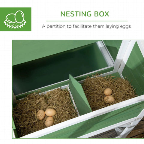Interior view of nesting box in 49 Inch Chicken Coop With Garden Space And Outdoor Run Cage, showing eggs on straw bedding.