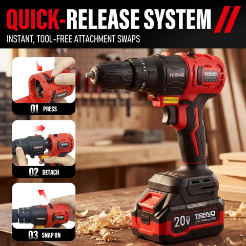 20V Brushless Cordless Drill And Impact Driver Combo Kit With 2 In 1 Interchangeable Heads showcasing quick-release system