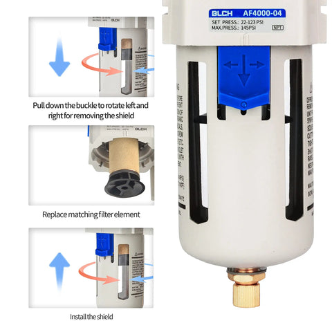 1/2 Inch NPT Air Line Dryer For Your Pro Grade Compressor System AF4000-04 With 5 Micron Brass Filter Polycarbonate Bowl Manual Drain