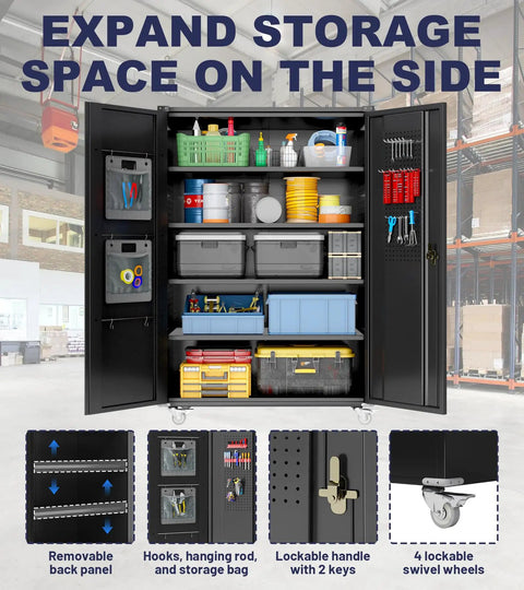 Heavy Duty Rolling Tool Cabinet With Lockable Doors And Pegboard, Rugged Metal Storage On Wheels, 22-Inch Deep, open in warehouse