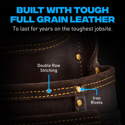 Close-up of double row stitching and iron rivets on Go-To Heavy Duty Drywall Carpenter Tool Belt with 22 pockets, oil tanned leather.